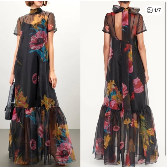 STAUD Dresses & Skirts - NWT Staud floral print sheer lined shirt sleeve hi neck maxi dress sz S